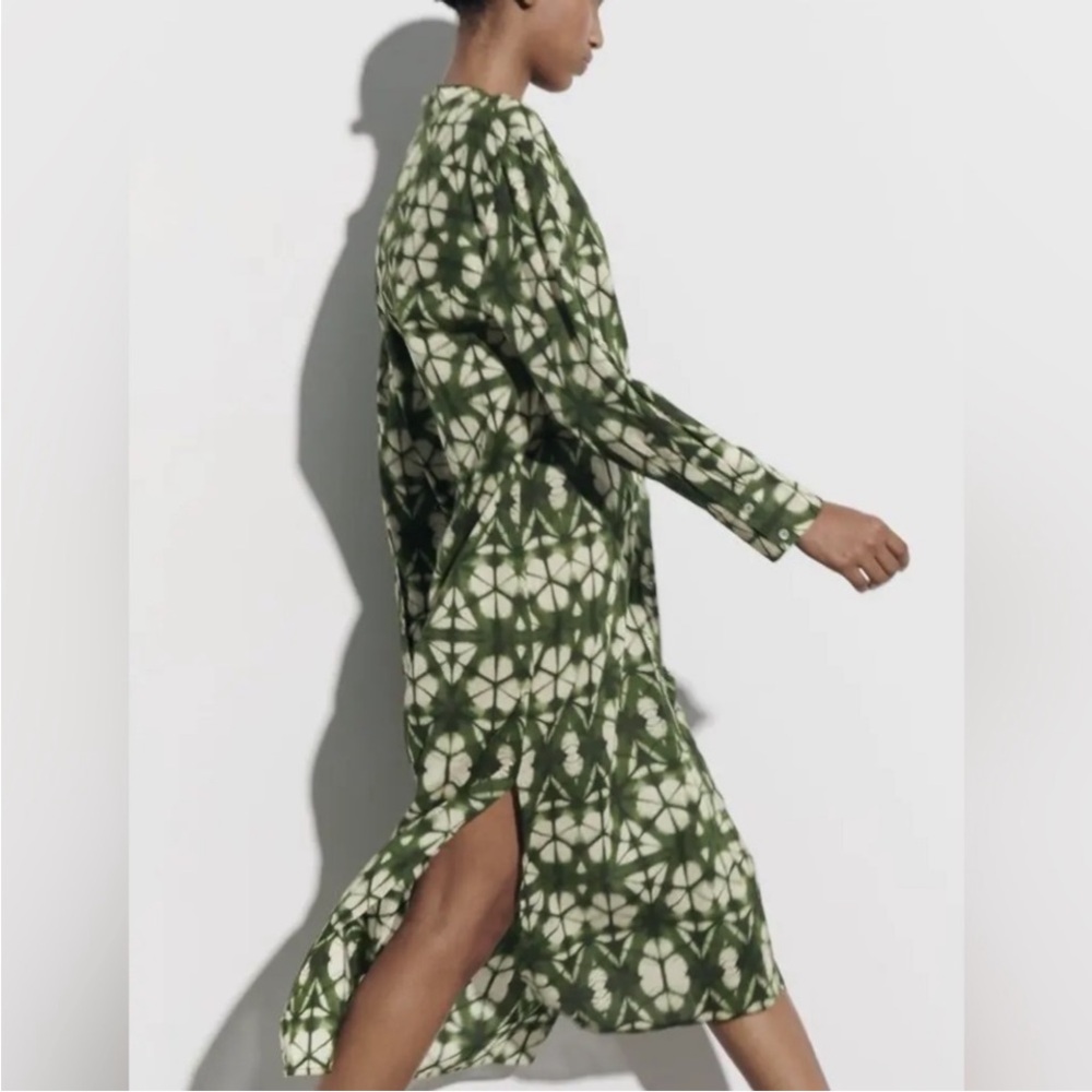 Zara Green Tie Dye Printed Button Front Midi Maxi Tunic Dress Sz Small C…